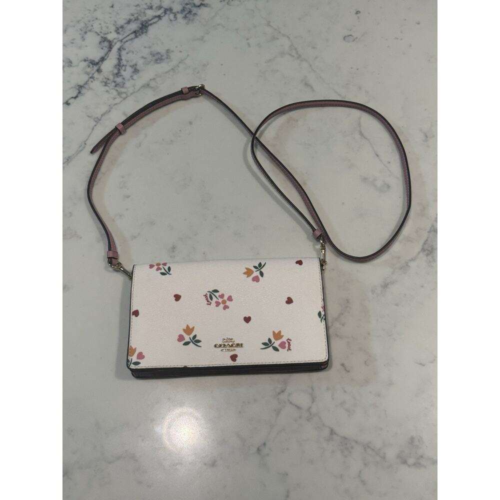 Coach Anna Foldover Clutch Crossbody Bag With Heart Petal Print EUC - Picture 2 of 12